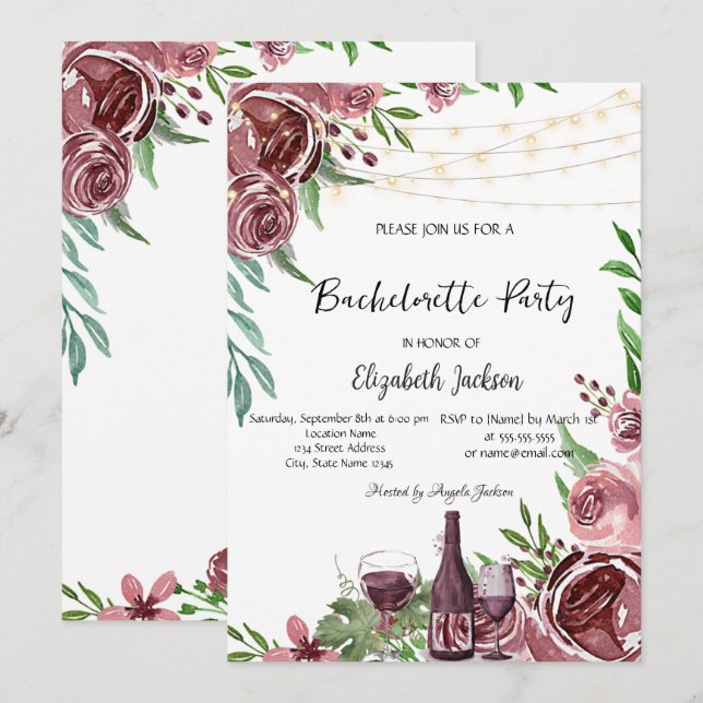 Invitación Botella de Vino Rosas Borgoña Fiesta de Despedida  (Anverso / Reverso)
