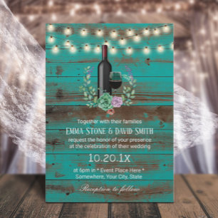 Invitación Botella de vino Rústico Boda de madera Verde azula