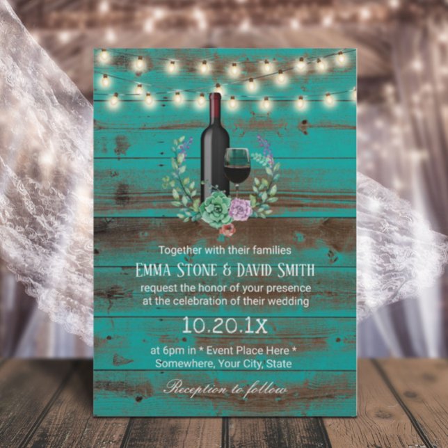 Invitación Botella de vino Rústico Boda de madera Verde azula (Subido por el creador)