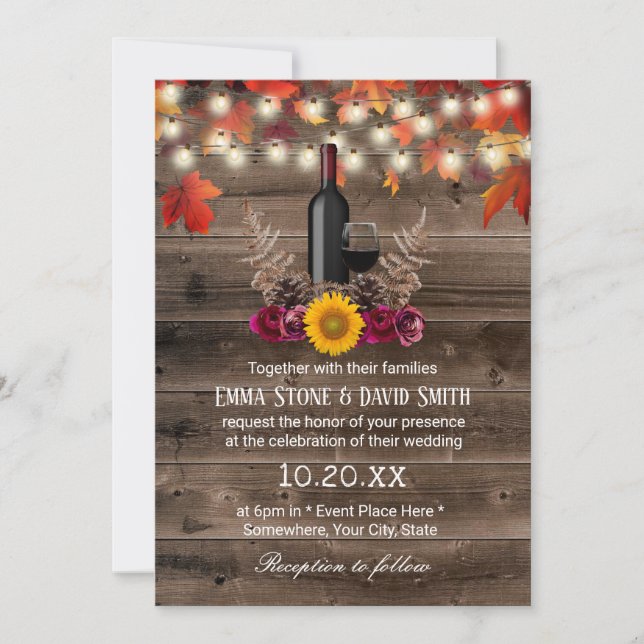 Invitación Botella de vino rústico otoño deja boda de otoño e (Anverso)