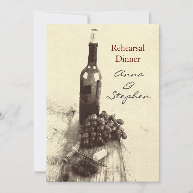 Invitación Botella de vino, uvas, sacacorchos y corchos (Anverso)