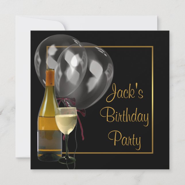 Invitación Botella de vino vaso dorado negro cumpleaños de ho (Anverso)