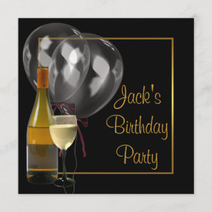 Invitación Botella de vino vaso dorado negro cumpleaños de ho
