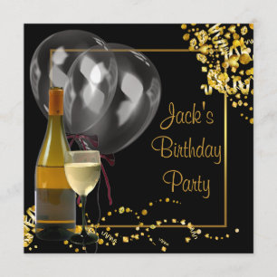Invitación Botella de vino vaso dorado negro fiesta de cumple