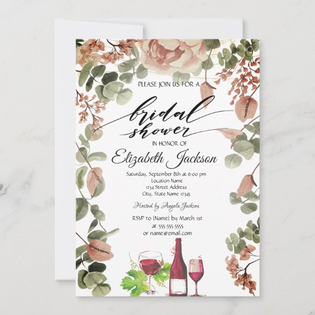 Invitación Botella de Vino Vidrio Chic Flores Despedida de So (Anverso)