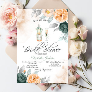 Invitación Botella de Vino Vidrio Chic Rosas Verdes Lunares