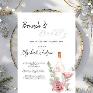 Invitación Botella de Vino Vidrio Flor Brunch y Burbujeante