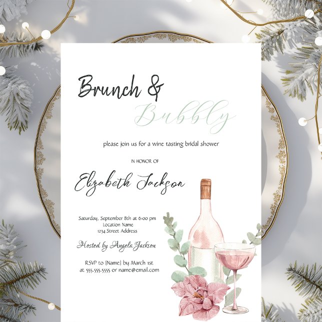 Invitación Botella de Vino Vidrio Flor Brunch y Burbujeante (Subido por el creador)