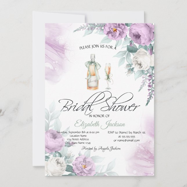 Invitación Botella de Vino Vidrio Rosas Violetas Lunares (Anverso)