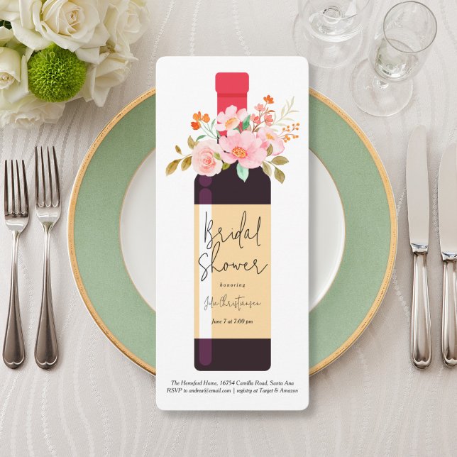 Invitación Botella de vino y flores celebración ducha de novi (Subido por el creador)