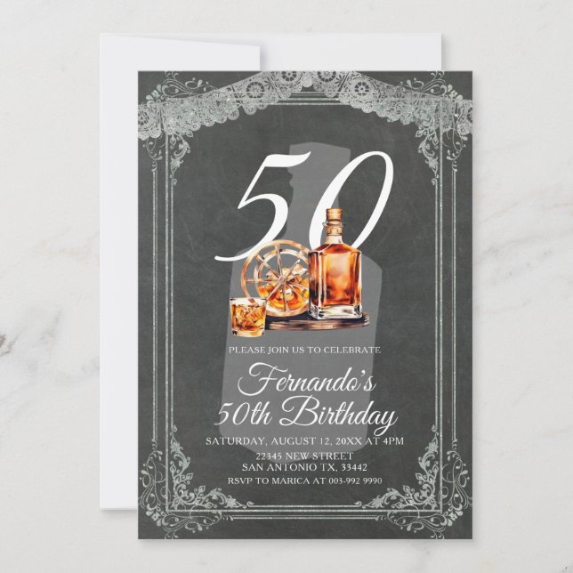 Invitación Botella de Whiskey Rústica Cumpleaños 50 Adulto (Anverso)