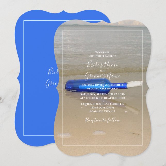 Invitación Botella en arena de playa boda (Anverso / Reverso)