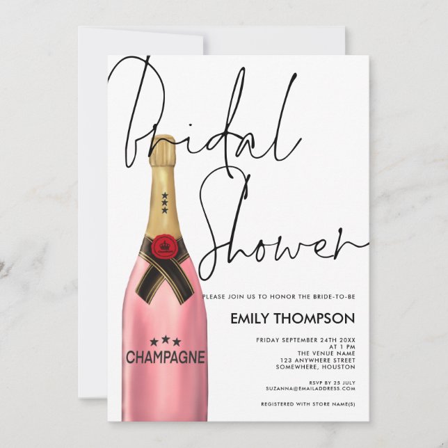 Invitación Botella rosa de champán guión de ducha de novia bl (Anverso)