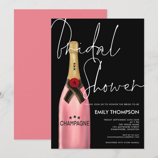 Invitación Botella rosa de champán manuscrita ducha de novia  (Anverso / Reverso)