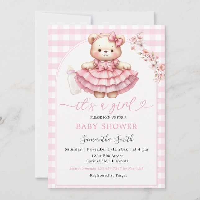 Invitación Botella rosa de oso Chica Baby Shower Pink Gingham (Anverso)