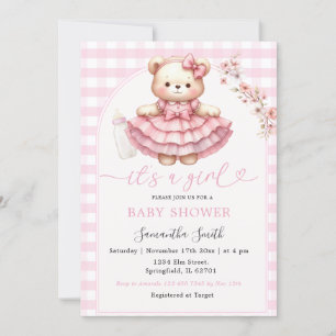 Invitación Botella rosa de oso Chica Baby Shower Pink Gingham