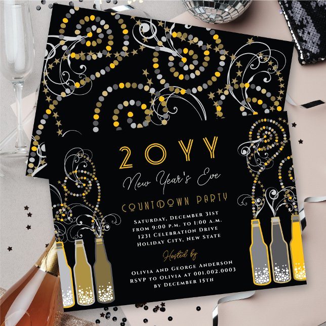 Invitación Botellas amarillas de burbuja nadan Fiesta de Noch (Yellow Bubbly Bottles Swirls New Year's Eve Party Invitation @ fat_fa_tin)