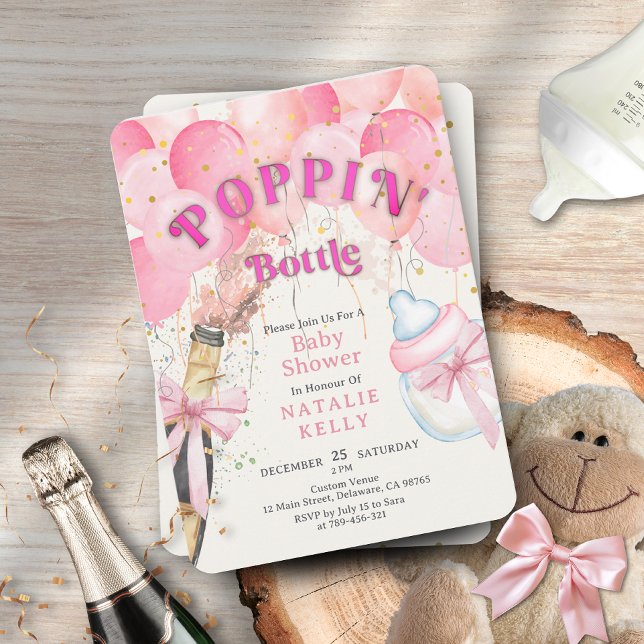 Invitación Botellas Baby Shower de purpurina de Poppin de glo (Glitter Pink Balloon Poppin' Bottles Baby Shower Invitation)