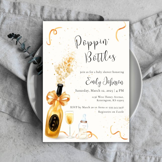 Invitación Botellas Black Gold Poppin Champán Baby Shower (Black Gold Poppin Bottles Champagne Baby Shower Invitation)