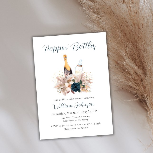 Invitación Botellas Blue Boho Poppin Botellas Champagne Baby  (Blue Boho Poppin Bottles Champagne Baby Shower Invitation)