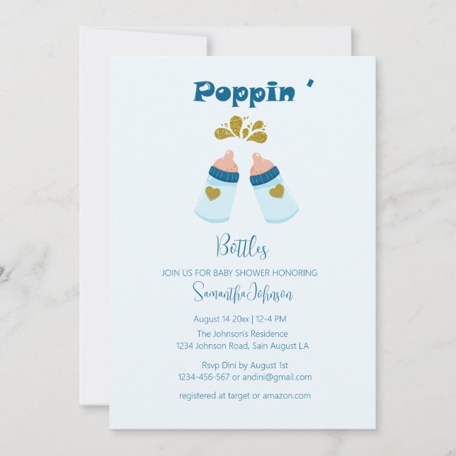Invitación Botellas Blue Poppin Boy Baby Shower (Anverso)