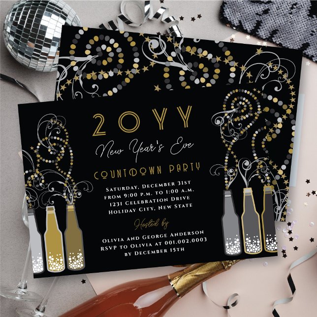 Invitación Botellas con burbujas de oro revolotean Fiesta de  (Gold Bubbly Bottles Swirls New Year's Eve Party Invitation @ fat_fa_tin)