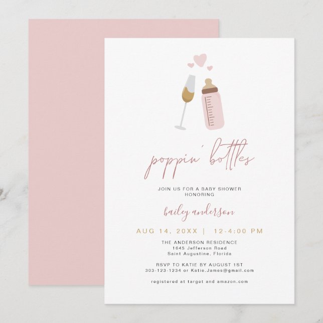 Invitación Botellas de ANDI Pink Poppin' Boy Baby Shower (Anverso / Reverso)