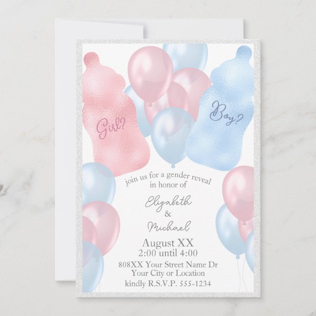 Invitación Botellas de bebé y globos Fiesta de revelación de  (Anverso)
