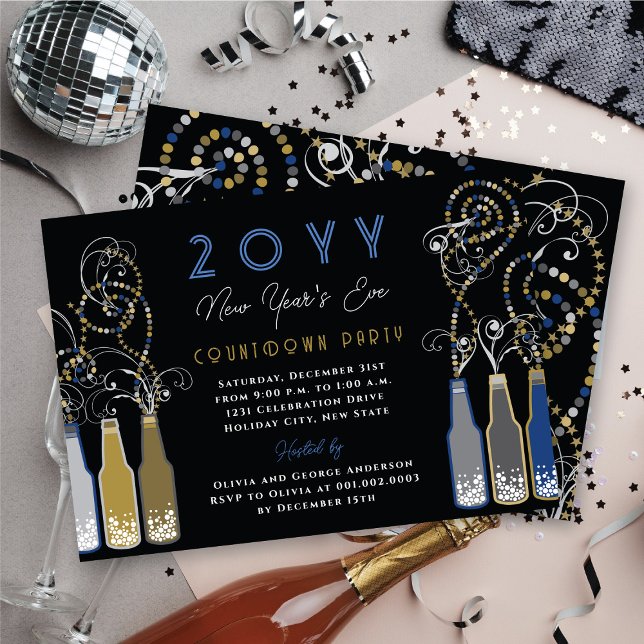 Invitación Botellas de burbuja azul revolotean Fiesta de Año  (Blue Bubbly Bottles Swirls New Year's Eve Party Invitation @ fat_fa_tin)