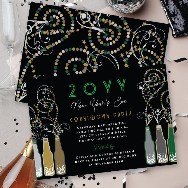 Invitación Botellas de burbuja verde revolotean Fiesta de Noc (Green Bubbly Bottles Swirls New Year's Eve Party Invitation @ fat_fa_tin)