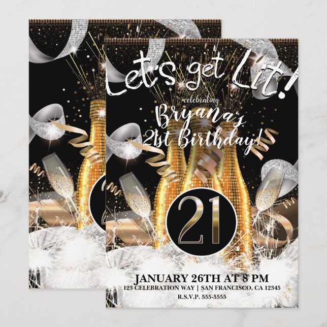 Invitación Botellas de champán dorado Let's Get Lit para 21 c (Anverso / Reverso)