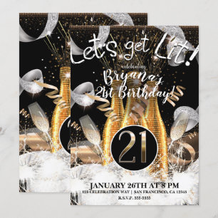 Invitación Botellas de champán dorado Let's Get Lit para 21 c