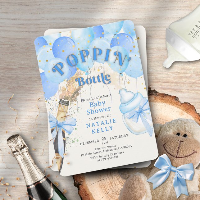 Invitación Botellas de Confetti Blue Balloon Poppin' Baby Sho (Confetti Blue Balloon Poppin' Bottles Baby Shower Invitation )