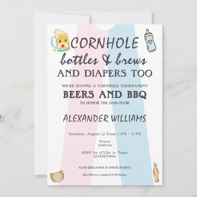 Invitación Botellas de Cornhole Brets & Diapers BBQ Baby Show (Anverso)
