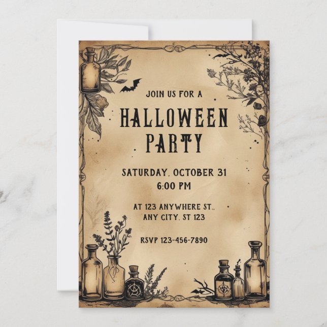Invitación Botellas de poción Papel pergamino Textura Hallowe (Anverso)