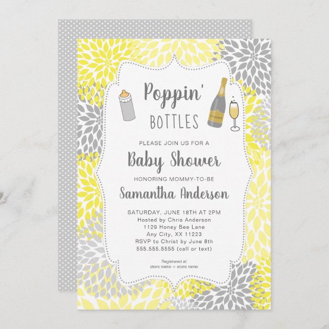 Invitación Botellas de Poppin' Baby Shower amarillo con flore (Anverso / Reverso)