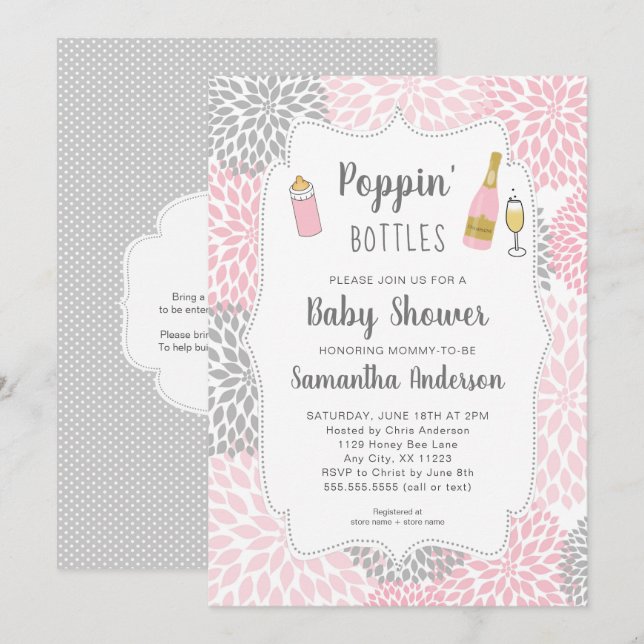 Invitación Botellas de Poppin', Baby Shower de Floral gris ro (Anverso / Reverso)