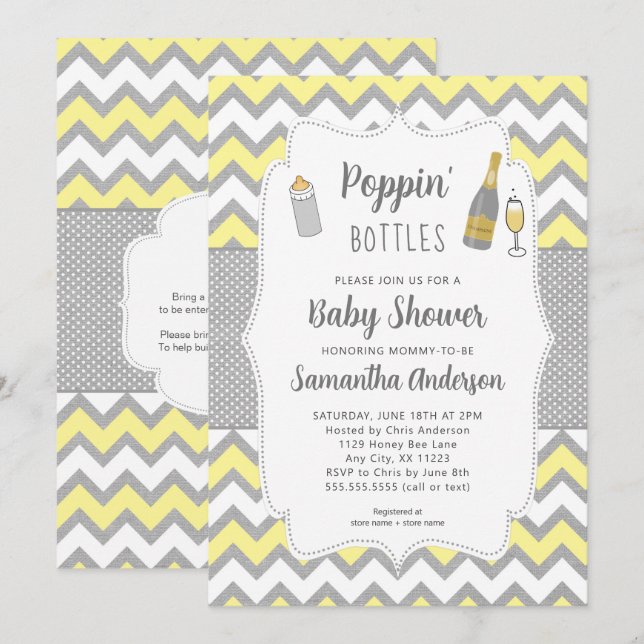 Invitación Botellas de Poppin' Baby Shower gris amarillo (Anverso / Reverso)