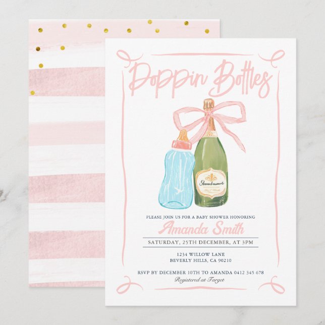 Invitación Botellas de Poppin Rosa Invitan a CoEd Baby Shower (Anverso / Reverso)