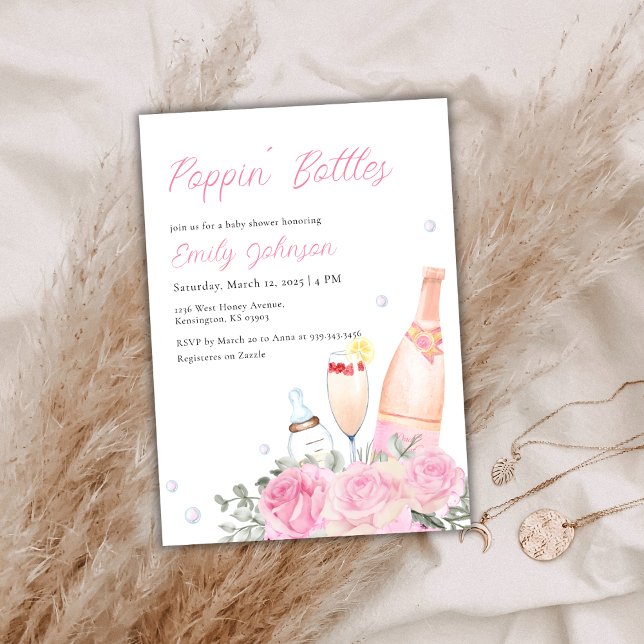 Invitación Botellas de Rosa Poppin Champán Chica Baby Shower (Rose Poppin Bottles Champagne Girl Baby Shower Invitation)