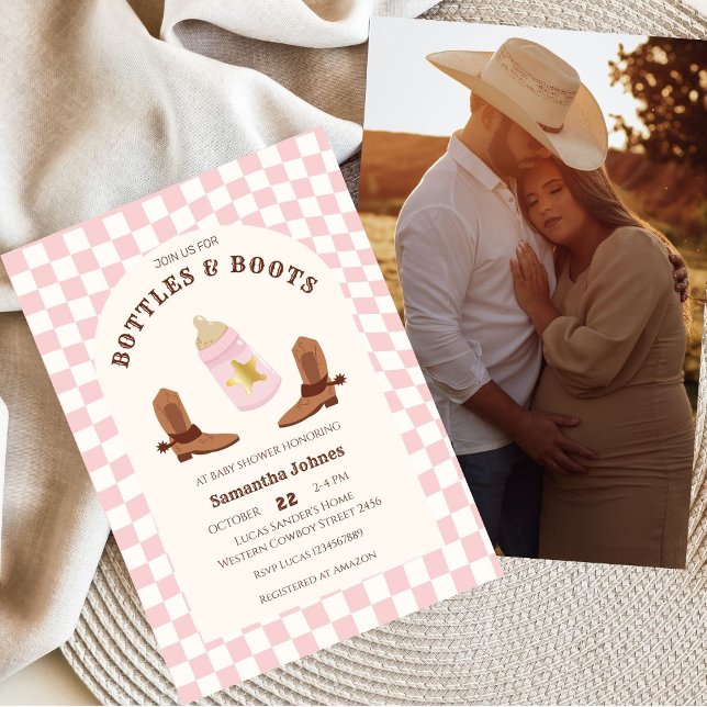 Invitación Botellas retro y botas de Cowgirl Photo Baby Showe (Photo Invitation)
