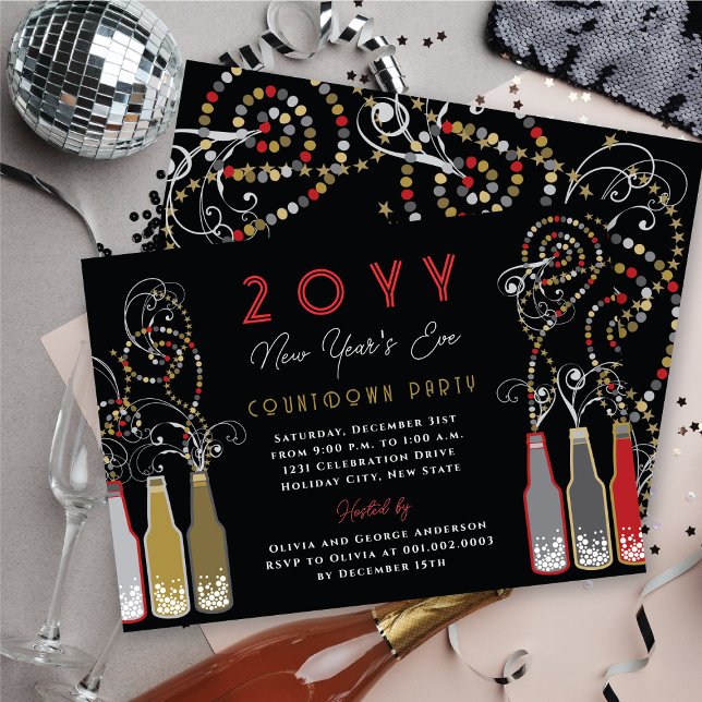 Invitación Botellas rojas de burbujas revolotean Fiesta de No (Red Bubbly Bottles Swirls New Year's Eve Party Invitation @ fat_fa_tin )