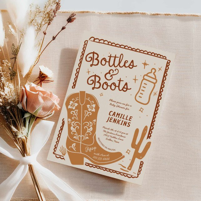 Invitación Botellas y boots Baby Shower dibujados a mano (Bottles and boots Baby Shower Invite)