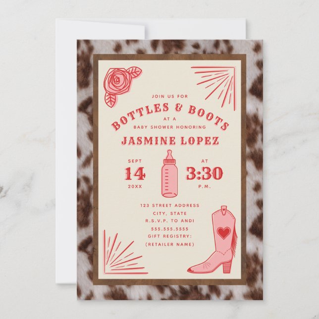 Invitación Botellas y Boots Piel de vaca Cowgirl Baby Shower (Anverso)