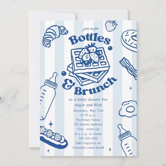 Invitación Botellas y Brunch Doodle Blue Boy Baby Shower (Anverso)