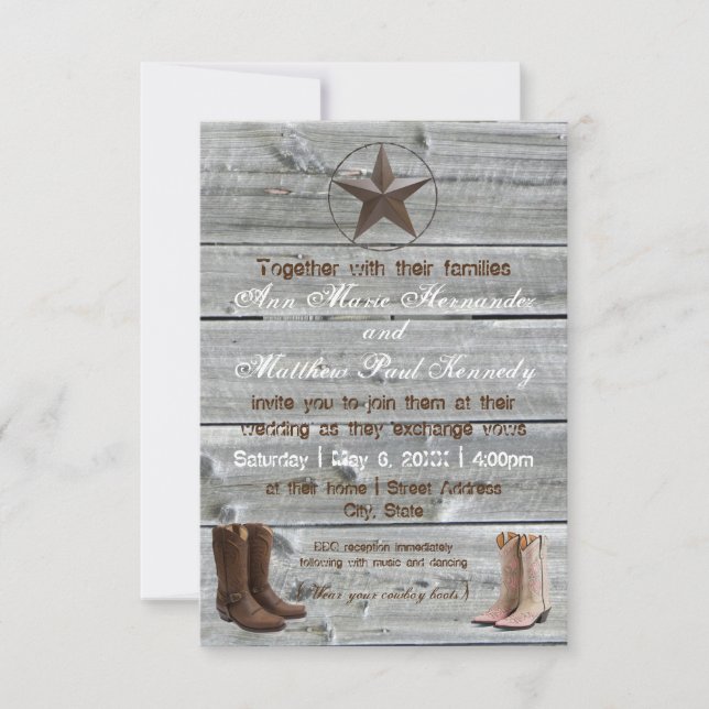 Invitación Botes de Cowboy de Madera con problemas-3x5Wedding (Anverso)
