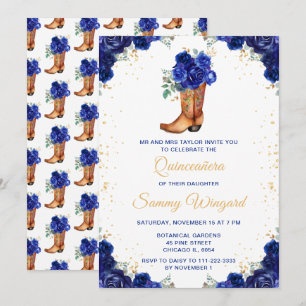 Invitación Botín de Cowboy Floral Azul Oscuro y Dorado Quince