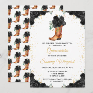 Invitación Botín de Cowboy Floral Negro y Dorado para Quincea