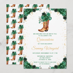 Invitación Botín de Cowboy Floral Verde Oscuro y Dorado para