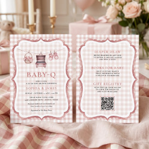 Invitación Botines de gingham rosa para bebé todo en uno Q